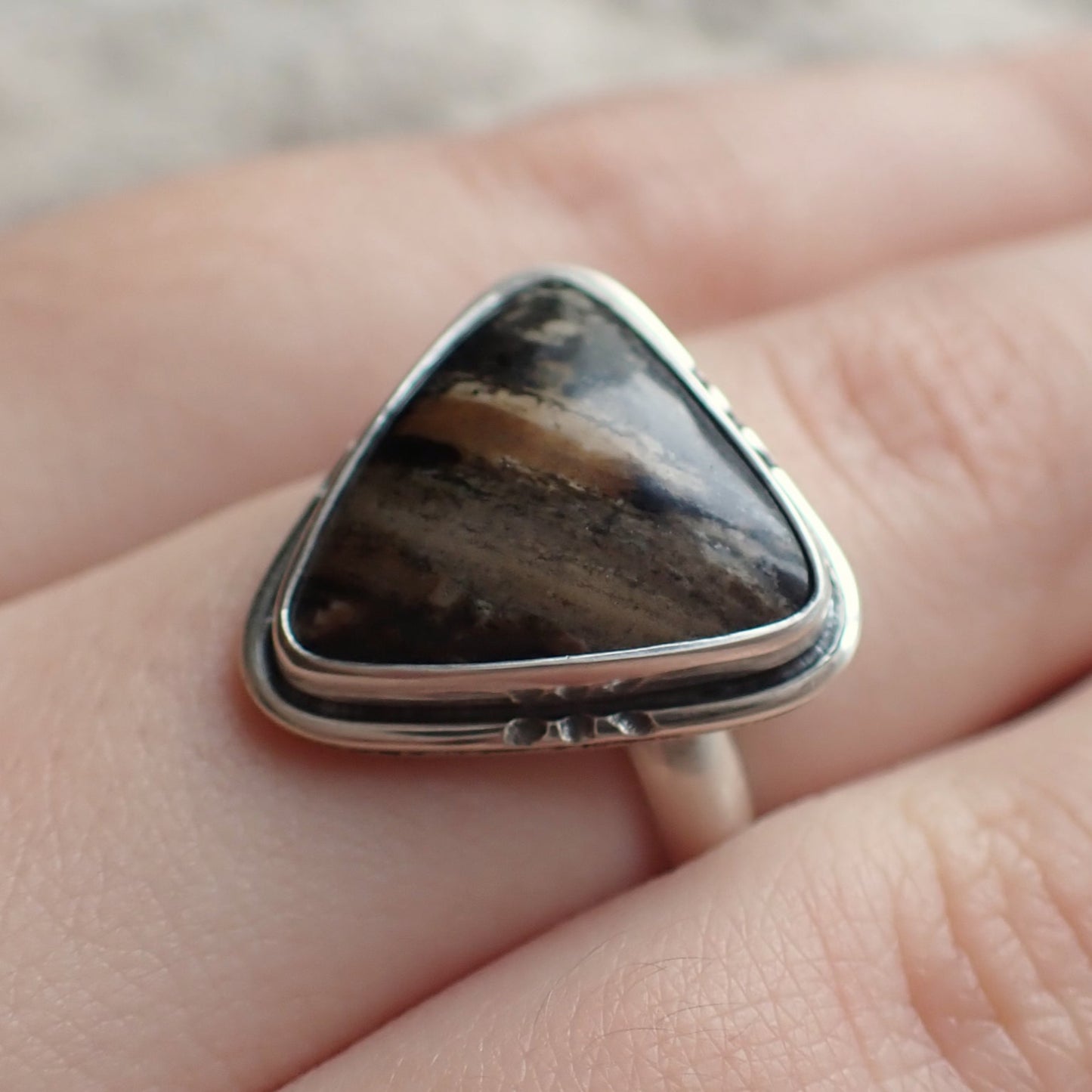 the ring worn on the finger - this photo shows that this is a statement ring - the gemstone is large enough to cover the majority of the top of the finger