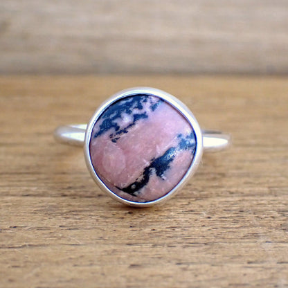 a face on view of the pink rhodonite ring - which better shows the organic round shape of the stone.
