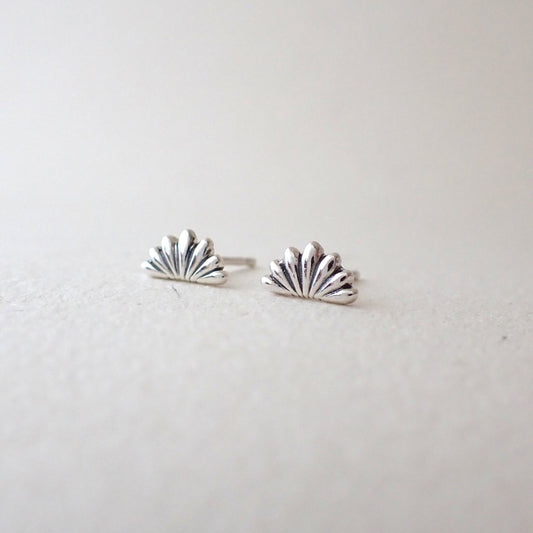 a pair of 3D handmade silver studs in a shape reminiscent of a lotus flower / waterlily - brightly polished with darkened recesses